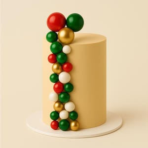 May include: A cylindrical cake with a light yellow frosting, decorated with a cascade of colorful spheres. The spheres are red, green, gold, and white, arranged in a vertical pattern. The cake sits on a white circular base.