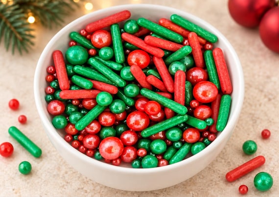 Christmas Sprinkles Mix Red Green Luster Finish Holiday edible Cupcake Decorations Festive Cake Toppings Xmas Baking Supplies 50gr HALAL