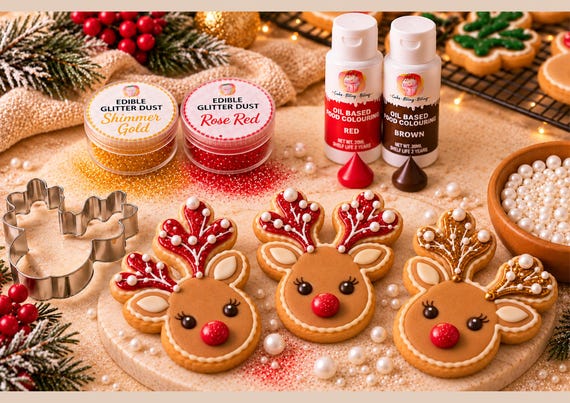 Christmas Reindeer Baking Decoration Bundle Cookie Cutter Edible Glitter Dust Food Colouring Sugar Pearls