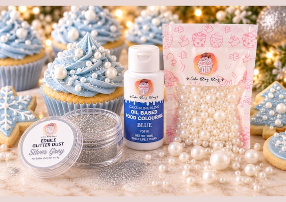 Blue Winter Christmas Baking Decorating Bundle Blue Oil Based Food Colouring White Pearl Sprinkles Edible Glitter Dust Cupcake Decor