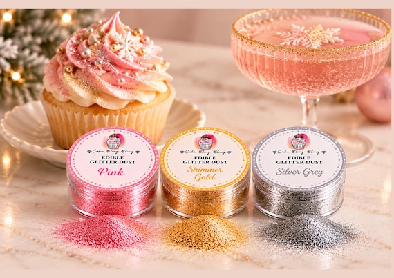 Pink Christmas Edible Glitter Dust Set Cake Cupcake Decoration Cocktail Shimmer Pink Gold Silver Grey 3 x 4g