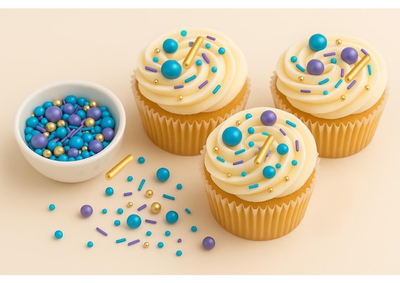Edible Sprinkle Mix Blue Purple Gold | Cake Decorations | Cupcake Accessories | Donut & Cookie Topping Blend HALAL