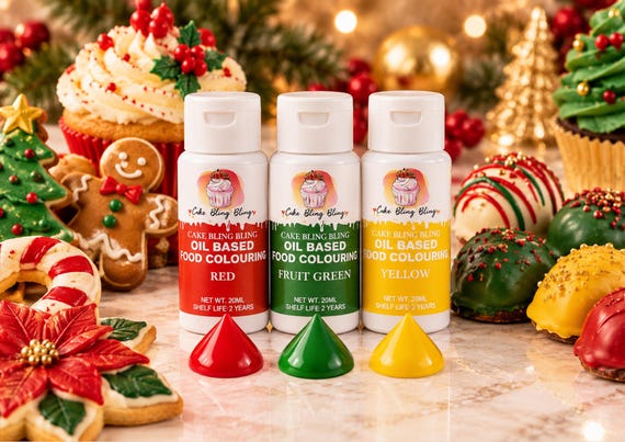 Christmas Oil Based Food Colouring Set Red Green Yellow Chocolate Cake Decorating 3 x 20ml