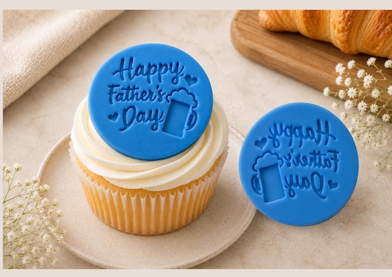 Happy Fathers Day Fondant Embosser, Beer Mug Cookie Stamp, Blue Cupcake Decoration, Baking Tool, Dad Biscuit Decor