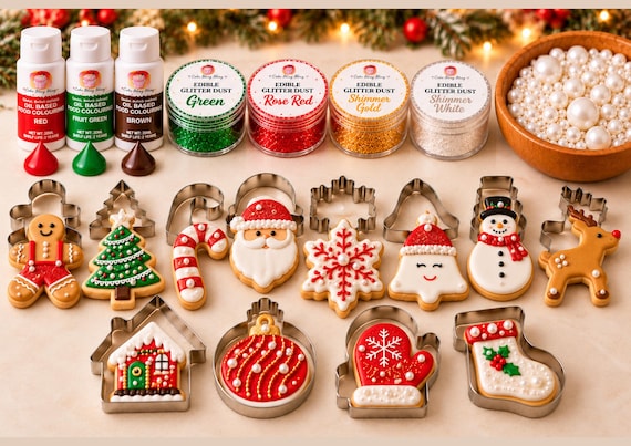 Christmas Cookie Decorating Bundle 12 Cookie Cutters Edible Glitter Food Colouring White Sprinkles Baking Set