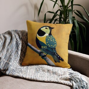 Bluetit Premium Pillow Cushion - Bird Yellow Soft Furnishing - Animal Art Home Decor By Cosmic Honk