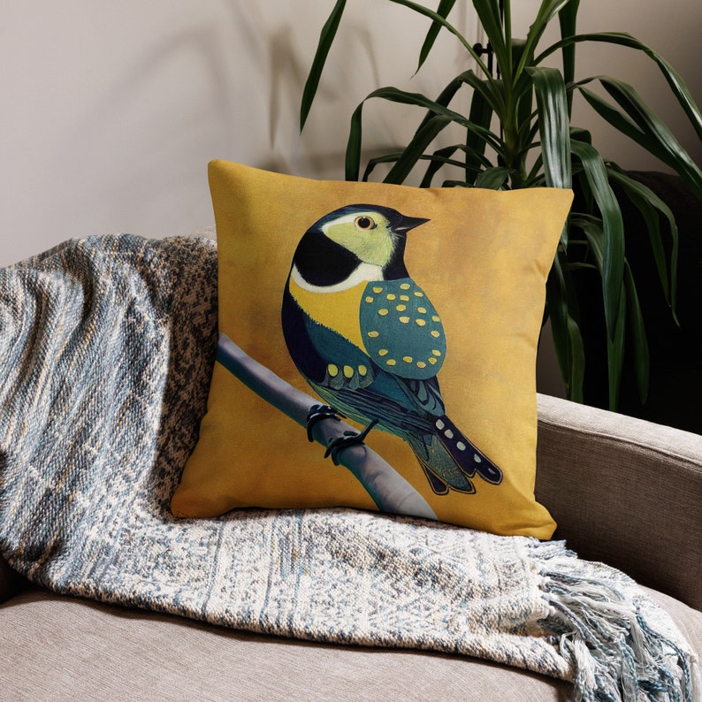 Bluetit Premium Pillow Cushion - Bird Yellow Soft Furnishing - Animal Art Home Decor By Cosmic Honk