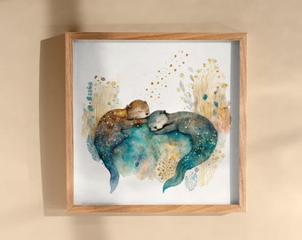 Impression d'art murale romantique loutre : décoration aquarelle pour chambre de bébé