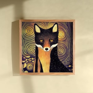 May include: A framed illustration of a black and orange fox with yellow eyes, set against a swirling background of gold and brown.