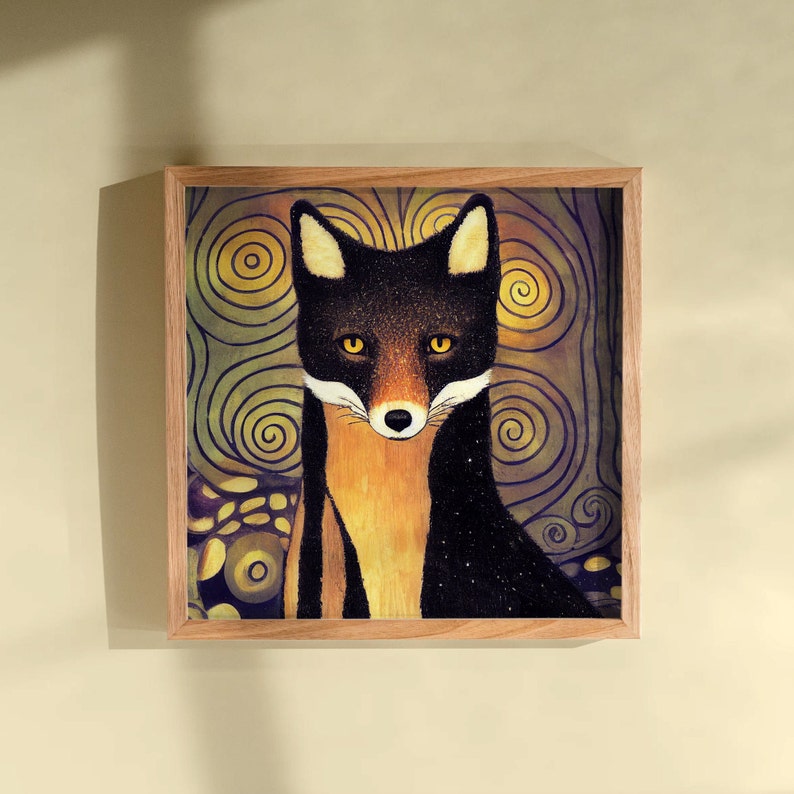 May include: A framed illustration of a black and orange fox with yellow eyes, set against a swirling background of gold and brown.