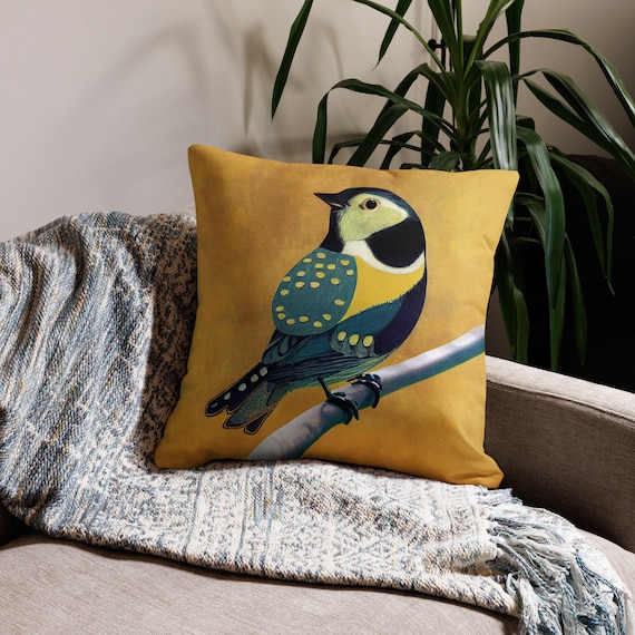 Bluetit Bird Throw Pillow - Yellow, Soft and Shape-Retaining