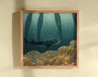 May include: A framed illustration of a whale swimming through a coral reef. The whale is black with white spots and is swimming towards the right side of the image. The coral reef is a vibrant yellow and orange color.