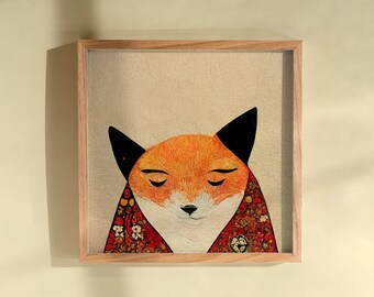 Impresión de arte mural con diseño de zorro floral - Ilustración de kimono colorido