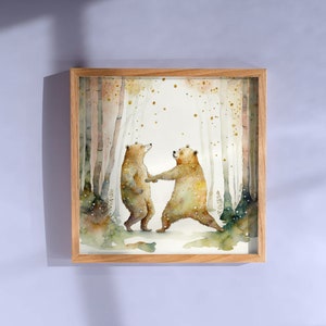 May include: A watercolor painting of two brown bears dancing in a forest. The bears are surrounded by trees and golden sparkles. The painting is framed in a light brown wood frame.