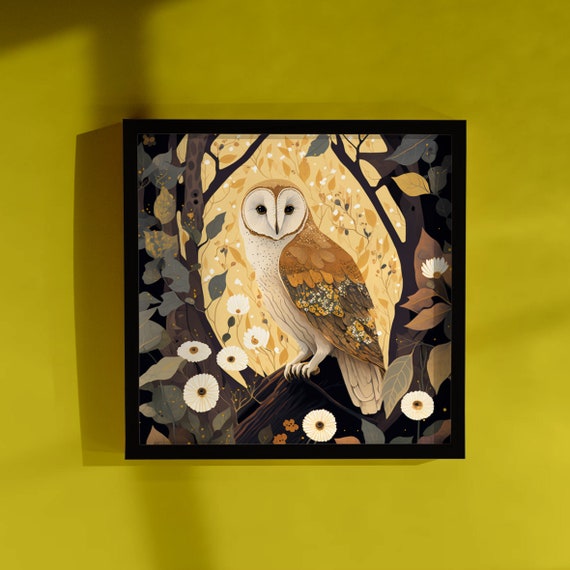 Barn Owl Poster Print - Gold Bird Wall Art - Illustration Décor Screech Owl
