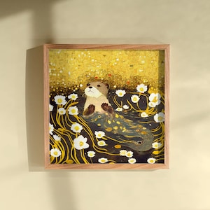 Póster de nutria estilo cottagecore: escena floral de río, impresión de naturaleza