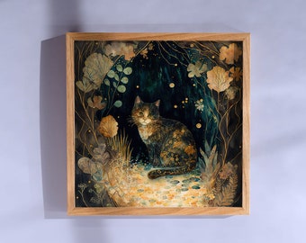 May include: A watercolor painting of a cat sitting in a forest setting. The cat is black, brown, and white with gold accents. The background is a dark green with gold flecks and foliage.