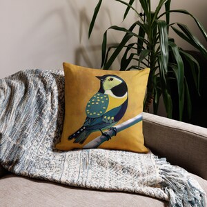 Bluetit Premium Pillow Cushion - Bird Yellow Soft Furnishing - Animal Art Home Decor By Cosmic Honk