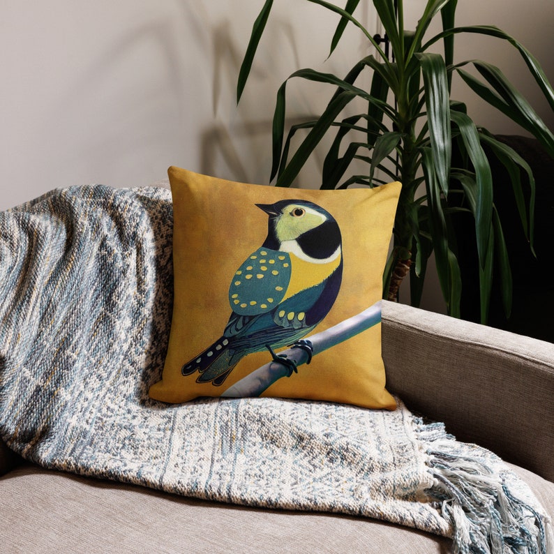 Bluetit Premium Pillow Cushion - Bird Yellow Soft Furnishing - Animal Art Home Decor By Cosmic Honk