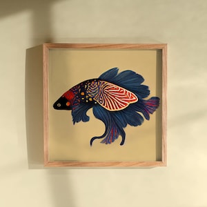 May include: A framed illustration of a colourful betta fish with red, blue and black scales. The fish is swimming in a yellow background.