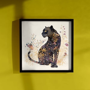Panther Poster Print - Animal Flower Wall Art - Black Cat Watercolor Painting