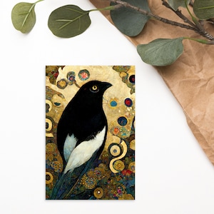 Elster Postkarte - Jugendstil Vogel Postkarte - Corvid Mailer Gold