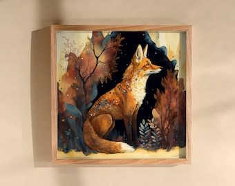 May include: A painting of a red fox sitting in a woodland setting. The fox is surrounded by trees and foliage, and the background is a dark blue. The fox has a white chest and a bushy tail.