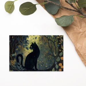 Schwarze Katze Postkarte - Kätzchen im Zauberwald Karte - Hexen Vertrauter Begleiter Gemälde Bombay Kitty