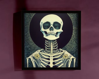 May include: A black framed illustration of a skeleton with a skull wearing a halo. The skeleton is wearing a necklace of flowers and has a dark background.
