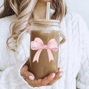 Coquette Pink Bow Glass Tumbler: 16oz Sipper Cup with Straw