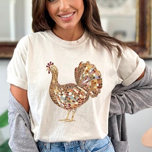 Disco Ball Turkey Faux Print Thanksgiving T-shirt, Glitter Turkey Tee, Holiday Gift Shirt, Festive Turkey Day Top, Autumn