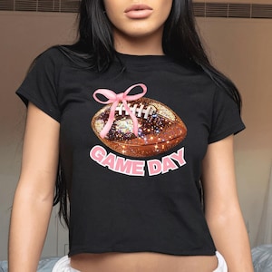 Football Coquette Pink Bow Faux Glitter Women's Baby Tee, Football Fan Shirt, Sports Lover Top, Gift for Her, Game Day Tee