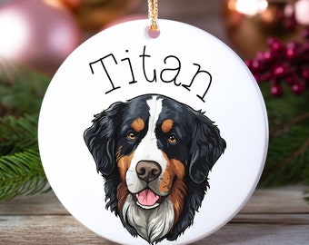 May include: A white ceramic Christmas ornament with a Bernese Mountain Dog illustration and the name "Titan". The dog has black, brown, and white fur. A gold string is attached for hanging. Festive holiday decor.