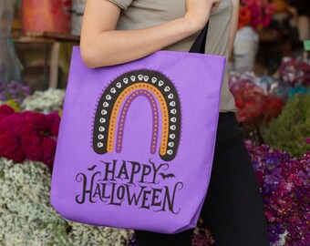 Spooky Rainbow Skulls Halloween Tote Bag - Trick or Treat Candy Bag