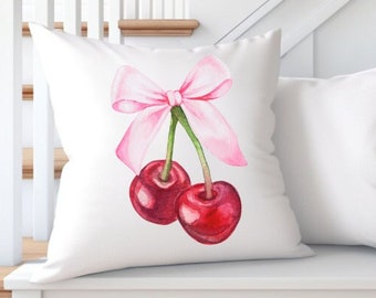 Pink Bow Cherries Throw Pillow: Coquette Room Decor