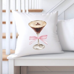 Espresso Martini Pillow: Coquette Home Bar Decor with Pink Bow