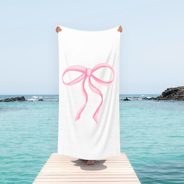 Pink Ribbon Coquette Luxury Beach Towel, Pink Bow Large Luxury Beach Towel, Coquette Large Pool Towel, Gifts For The Girly-Girl