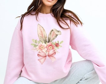 Sudadera con orejas de conejo y flores, bonito jersey de conejo con flores, jersey de cuello redondo con flores de primavera, jersey de conejo de Pascua, animal botánico