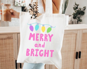 Merry & Bright Christmas Tote Bag: Reusable Cotton Holiday Shopping Bag