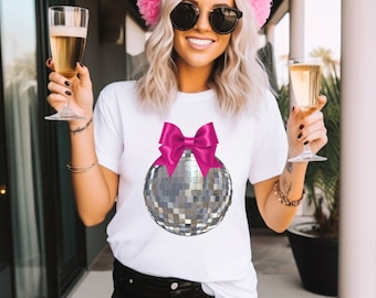 Hot Pink Bow Disco Ball T-Shirt: Barbiecore Party Tee