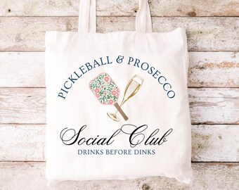 Pickleball & Prosecco Social Club Tote Bag: Reusable Canvas Shopping Bag