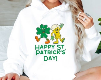 Retro St. Patrick's Day Hoodie Sweatshirt, Dancing Beer and Shamrock Unisex Pullover, Gift for Beer Lovers, Irish Celebration Apparel, Lucky
