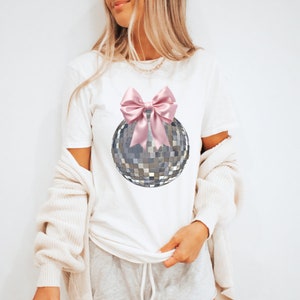 Pink Ribbon Disco Ball T-Shirt, Coquette Tee, Pink Bow Tee, Pink Bow Shirt, Disco Ball Tee, Coquette Shirt, Pink Ribbon T-Shirt