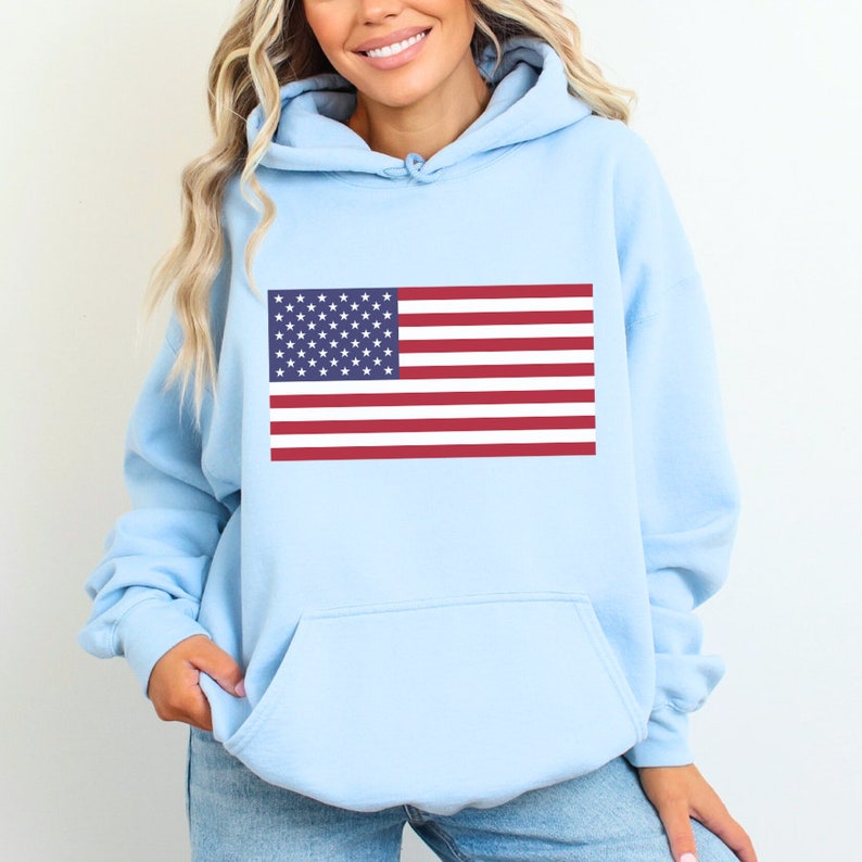 May include: A light blue hooded sweatshirt with a printed American flag design.