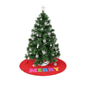 Merry Colorful Letters Tree Skirt, Red 44&quot; Tree Skirt, Pastel Colors Christmas Decor, Pastel Tree Skirt