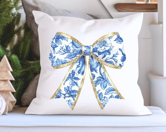 Blue Chinoiserie Bow Pillow: French Inspired Home Decor