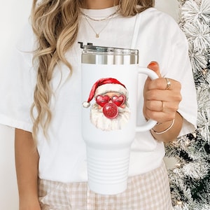 Santa Face Bubblegum Personalized 40oz Insulated Tumbler With Lid and Straw, Custom Name Large Insulated Cup With Handle, Christmas Gift