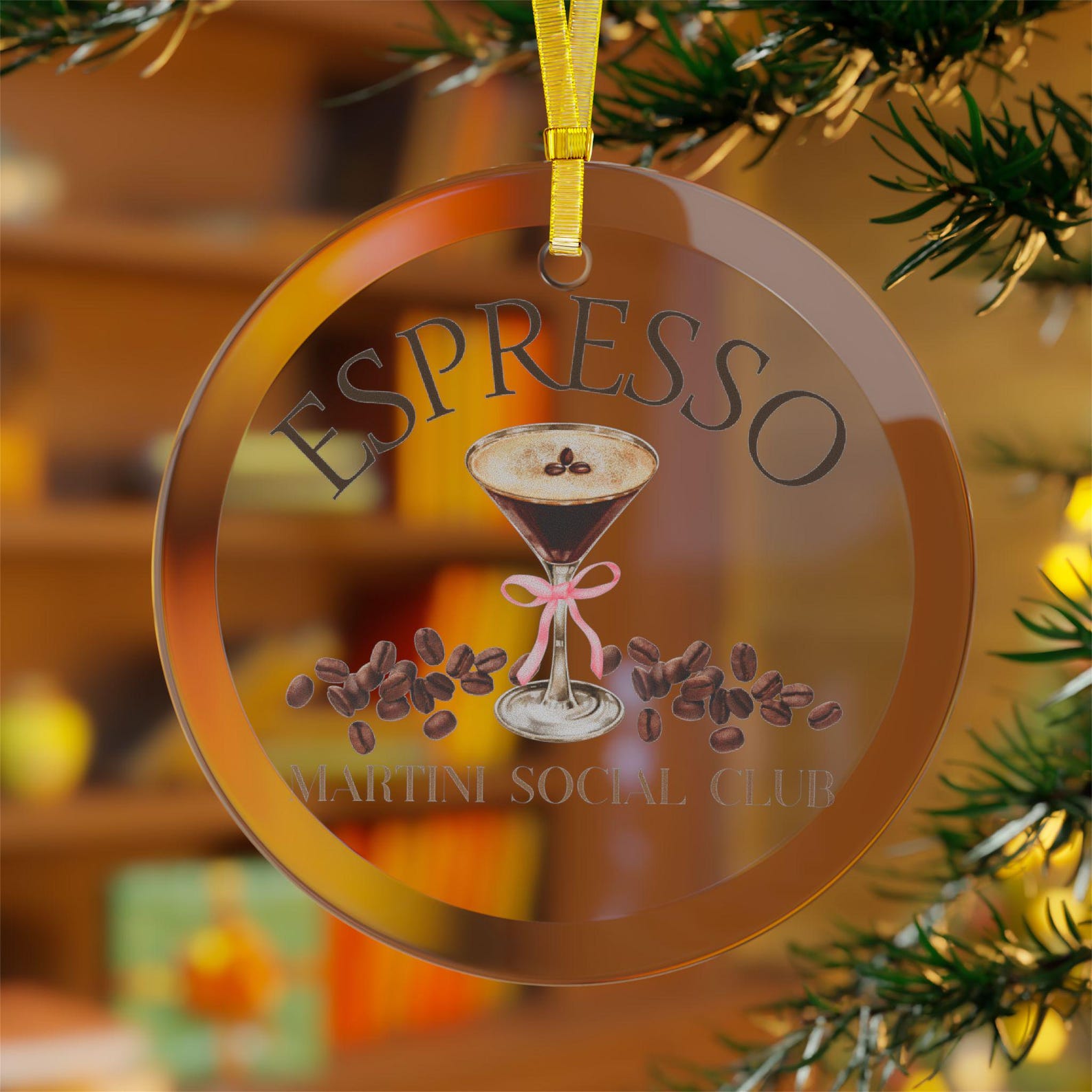 Espresso Martini Social Club Beveled Glass Ornament, Cocktail Christmas