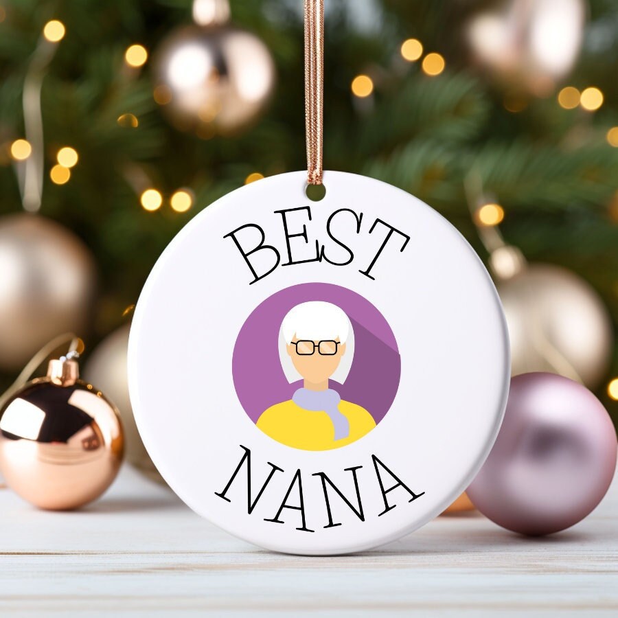 JenaGifts World's Greatest Nana Ornament - Gift Best Nana Ceramic Holiday Decoration Present Porcelain 3'' Flat With Gold Ribbon Printed On Both Sides: Hanging Ornaments