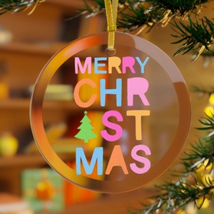 Merry Christmas Pastel Letters Glass Ornament, Beveled Glass Ornament, Pink Christmas Ornament, Cute Christmas Gift